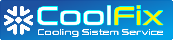 Logo biru dengan simbol salju putih, teks CoolFix biru-hijau, dan Cooling Sistem Service putih.